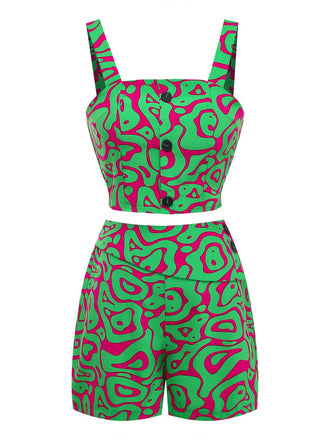 2PCS Grün 1970er Abstrakt Muster Kurz Top & Shorts