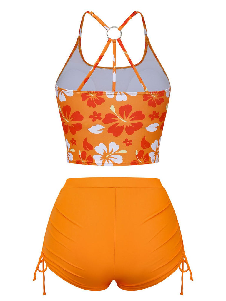 Orange 1960er Blumen Rückenfrei Bikini Set