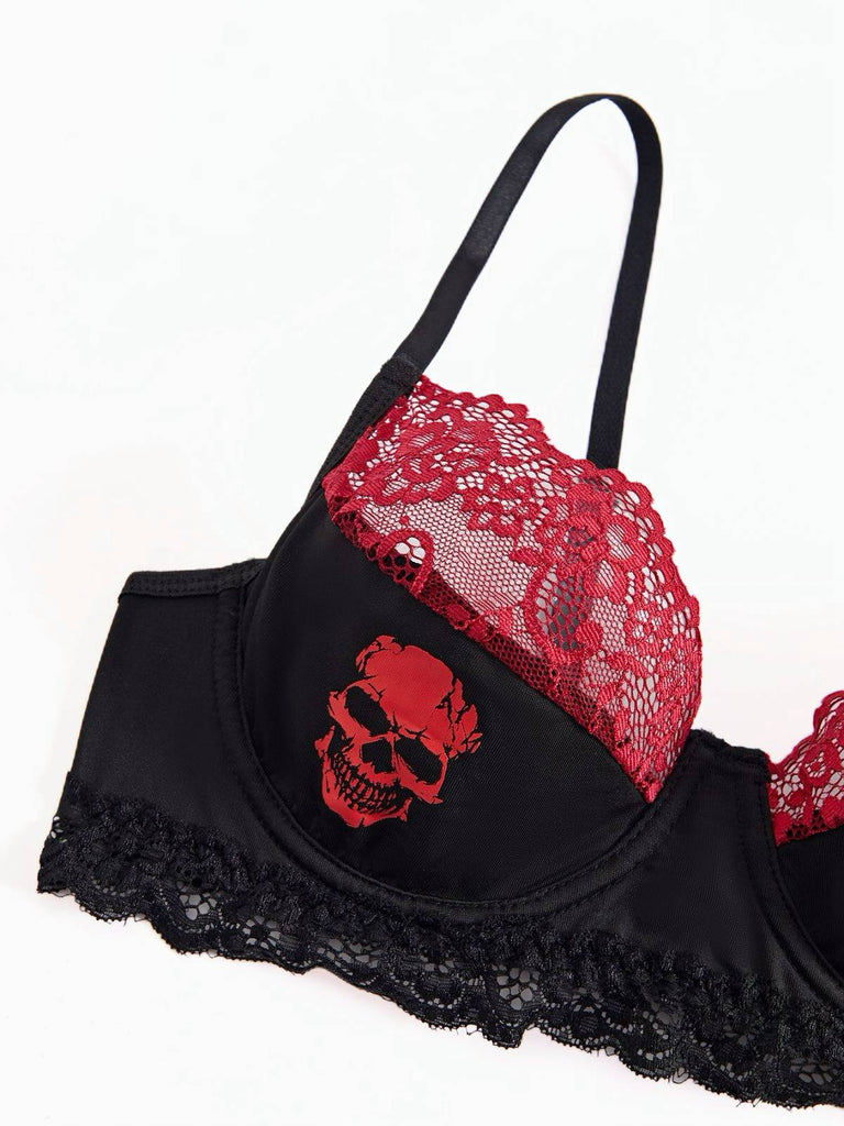 Schwarz 1980er Gothic Schädel Spitze Patchwork Crop Top