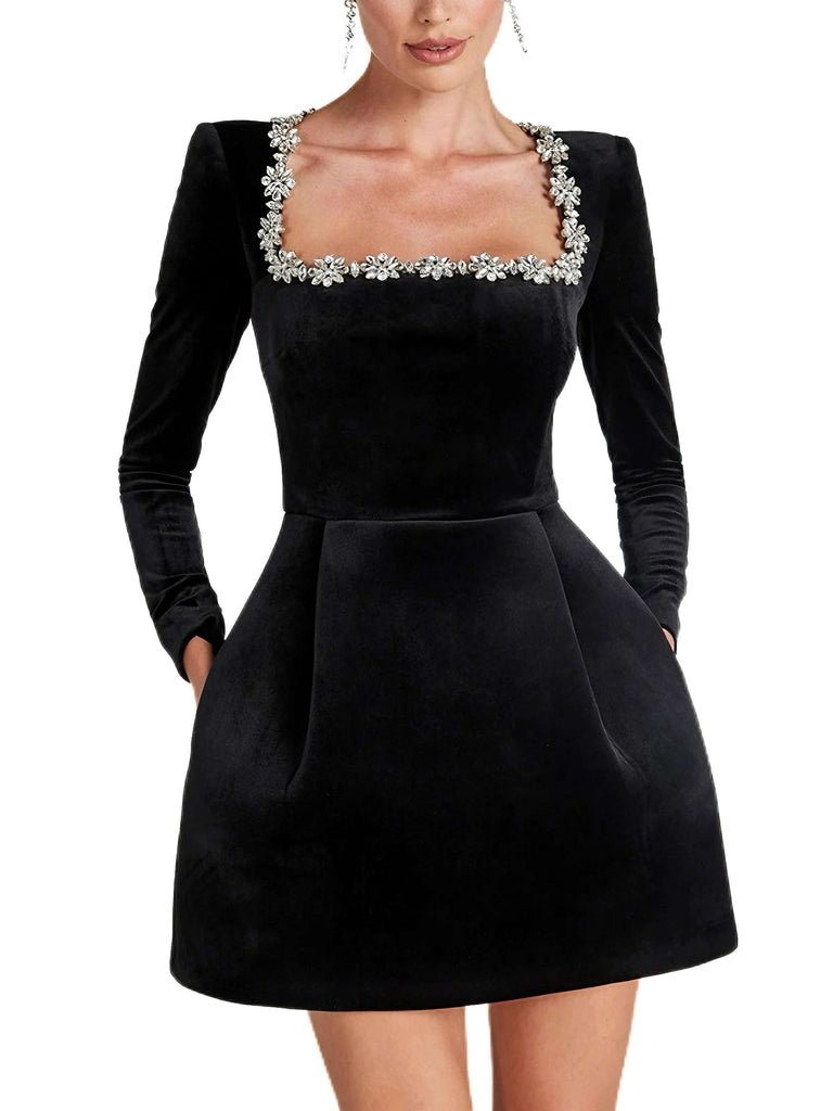 Rot 1960er Samt Diamant Quadrat Hals Kleid