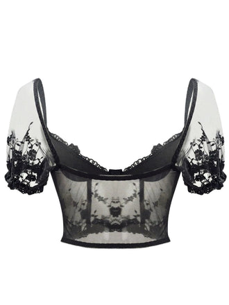 Schwarz 1970er Puffärmel Spitze Korsett Top