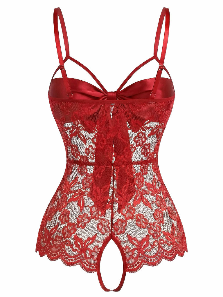 Rot 1970er Spitze Satin Bogen Verstellbar Träger Dessous