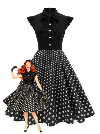 Schwarzes 1950er Polka Punkte Bogen Swing Kleid