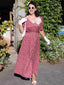 Weinrot 1940er V-Ausschnitt Ditsy Blumen Kleid