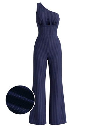 Dunkelbrauner Jumpsuit im Stil der 1930er Jahre mit Cut-outs, Streifen und einer Schulter