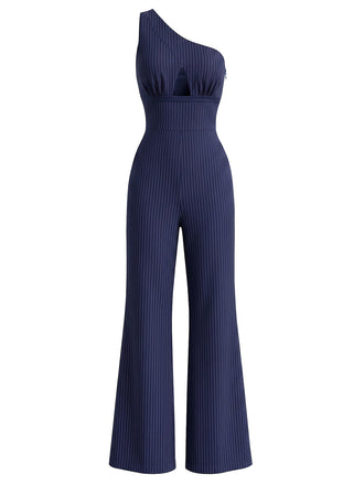 Dunkelblau 1930er Cutout Streifen Einseitig Jumpsuit