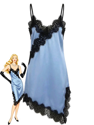 Dunkelblaues Spitzenkleid mit Spaghettiträgern im Stil der 1960er Jahre – Vintage-Kleid, Retro-Mode