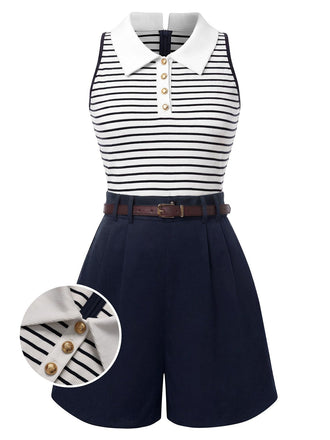 Dunkelblau 1960er Stricken Streifen Farbblock Romper