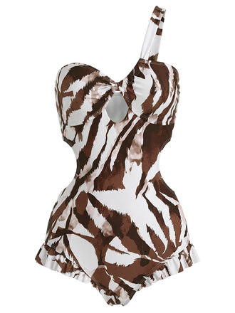 [Vorbestellung] Dunkelbrauner, einteiliger Badeanzug im Stil der 1950er Jahre mit asymmetrischem Ausschnitt, Twist-Detail und Cut-Outs, Größe 2