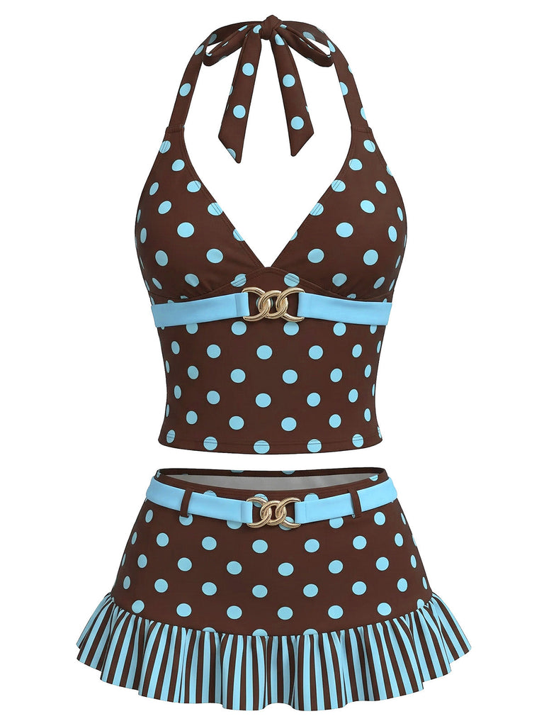 [Vorverkauf] Dunkelbraunes Tankini-Set mit Polka-Dots aus den 1950er Jahren