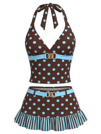 [Vorverkauf] Dunkelbraunes Tankini-Set mit Polka-Dots aus den 1950er Jahren