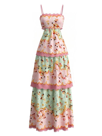 Dunkelrosa 1930er Blumen Gestuft Maxi Kleid