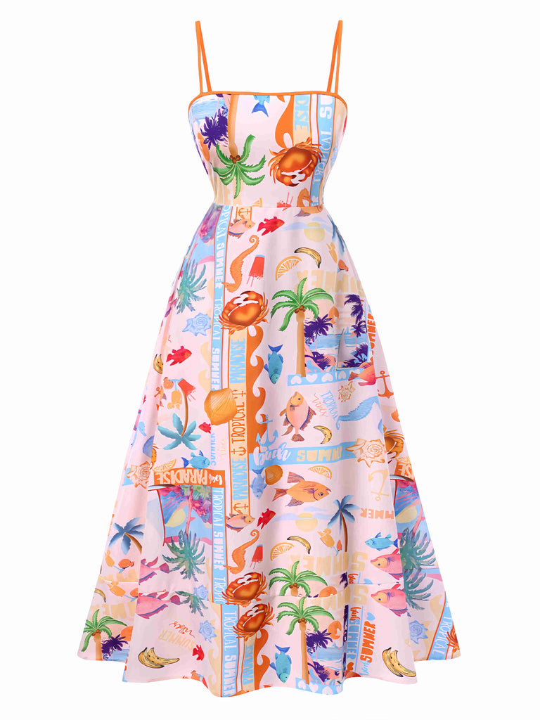 Mehrfarbig 1970er Ozean Live Hosenträger Maxi Kleid