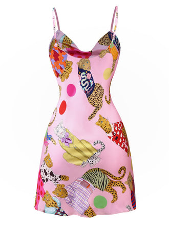 Rosa 1970er Gepard Muster Satin Slip Nachthemd