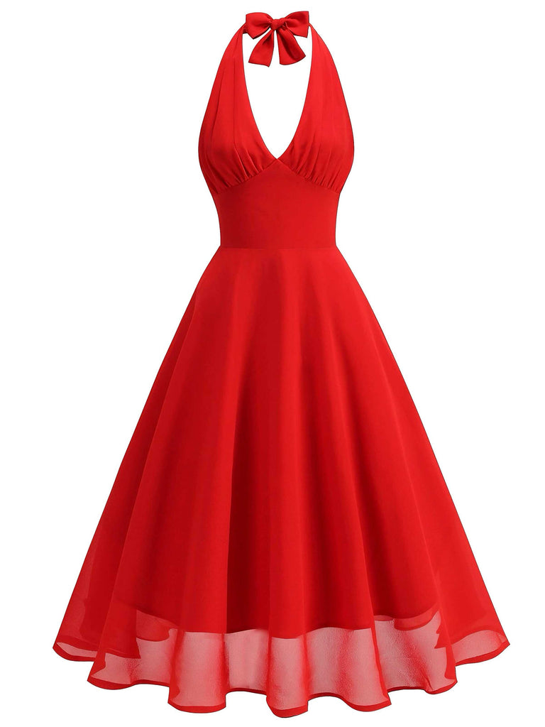 [Vorverkauf] 1950er Solide Halter V-Ausschnitt Netz Rückenfrei Kleid
