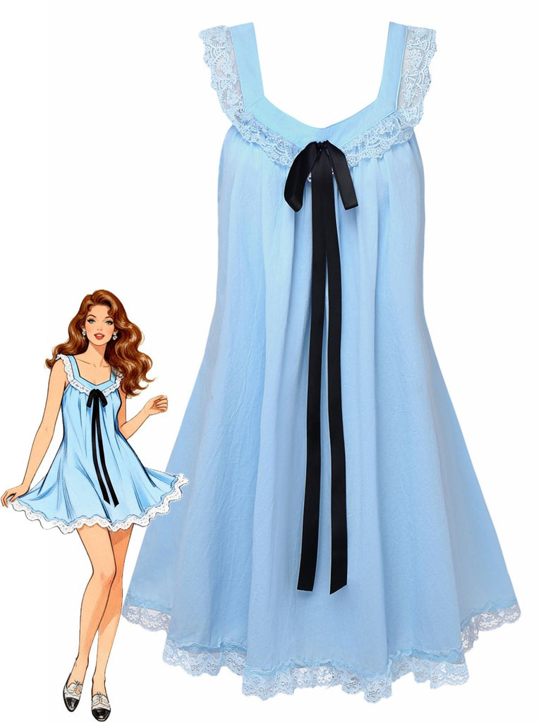 [Vorverkauf] 1960er Solide Bogen Rückenfrei Spitze Babydoll Kleid