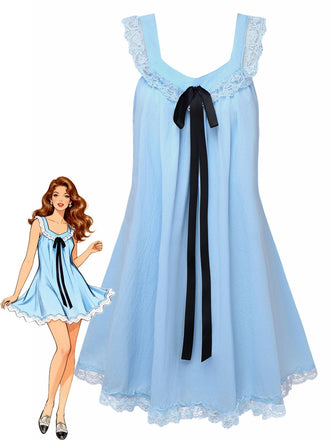 [Vorverkauf] 1960er Solide Bogen Rückenfrei Spitze Babydoll Kleid