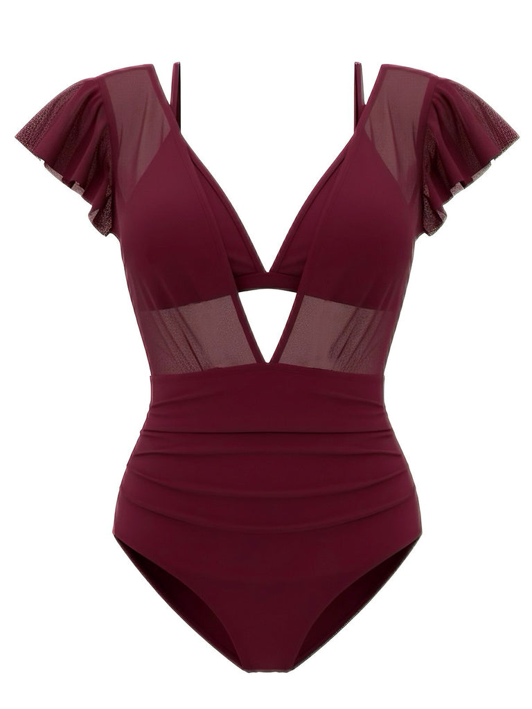 1960er Solide Netz Tiefer Ausschnitt Bikini Set & Cover-Up