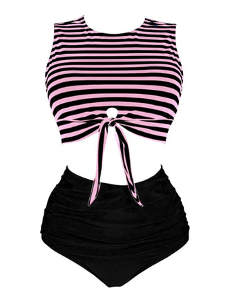 [Übergröße] Rosa & Schwarz 1970er Gestreifter Taillengürtel Patchwork Bademode
