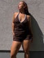 Kaffeebraun 1950er Halter Kordelzug Gerafft Tankini Set
