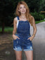 Blau 1970er Stretch Zerrissen Denim Overall Romper