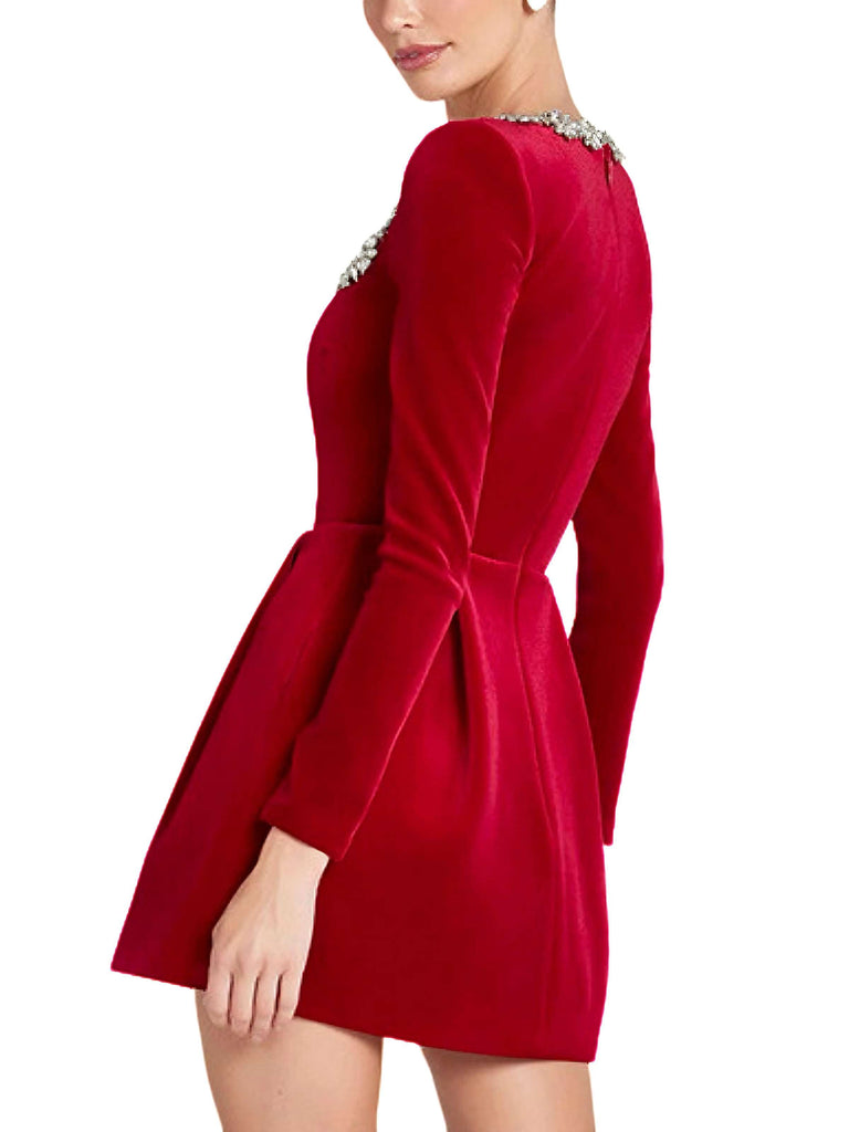 Rot 1960er Samt Diamant Quadrat Hals Kleid