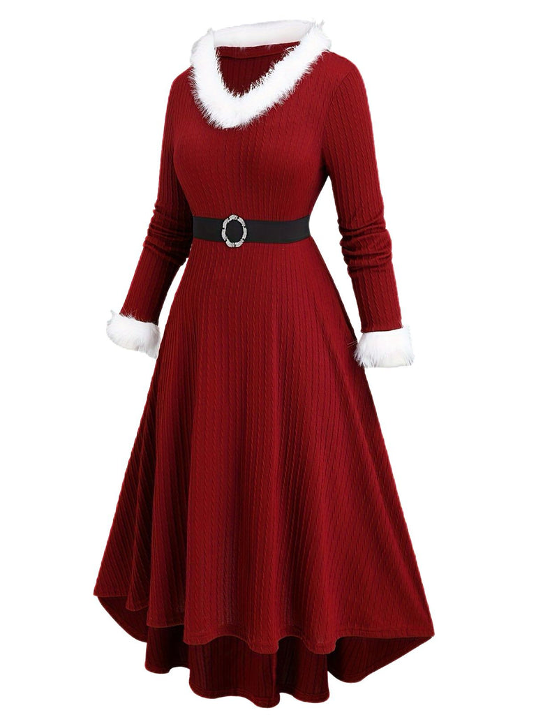 [Übergröße] Weiß 1940er Pelzkragen V-Ausschnitt Gürtel Kleid