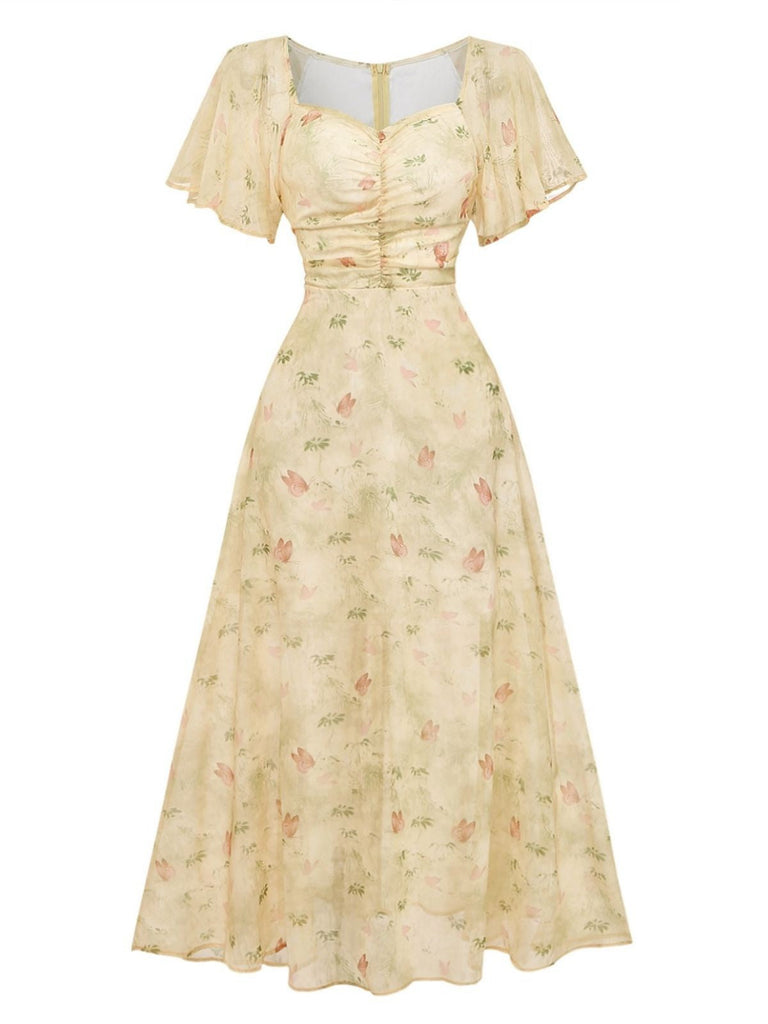 Sonnengelbes Chiffonkleid im Stil der 1930er-Jahre mit Schmetterlingsmuster, romantischen Flügelärmeln und eckigem Ausschnitt – perfekt für Vintage-Events und Teepartys.