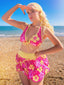 Rosa 1960er Blumen Druck Bindefront Geschichtet Bikini Set