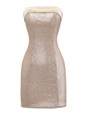 Goldenes, trägerloses Bodycon-Kleid im Stil der 1980er-Jahre – Vintage-Kleid, Retro-Mode, glamouröses Gold