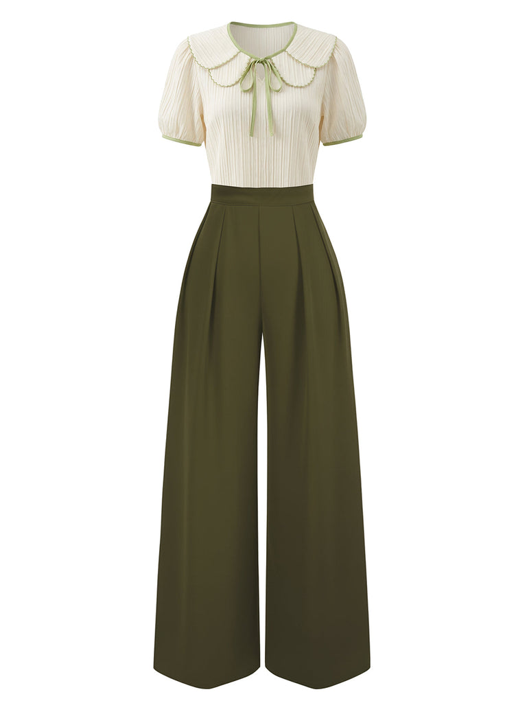 Grün 1930er Baumwolle Peter-Pan Kragen Puffärmel Jumpsuit