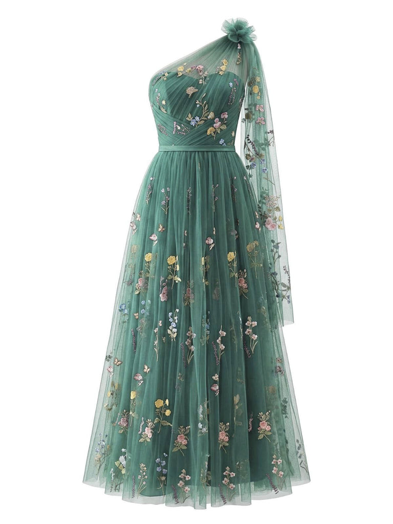 Grünes, schulterfreies Tüll-Maxikleid mit Blumenstickerei für formelle Anlässe im Vintage-Stil der 1930er Jahre