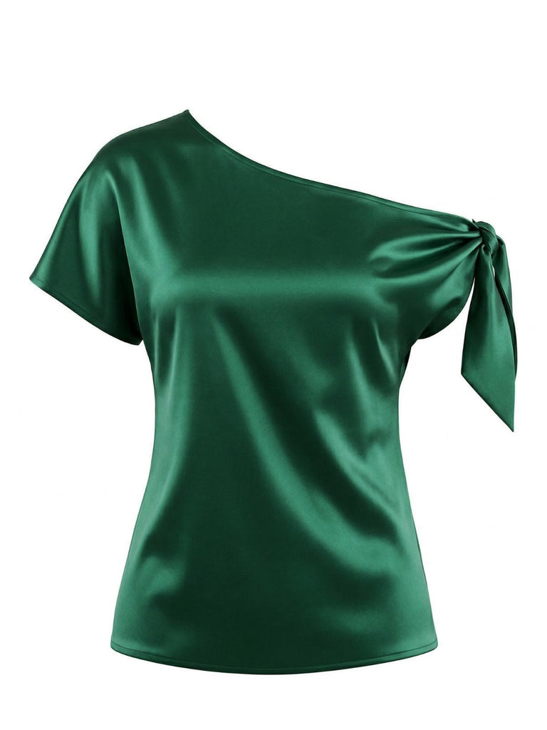 Elegantes grünes Satin-Top mit einer Schulter und verstellbarem Bindeknoten im Vintage-Stil der 1930er Jahre, perfekt für Cocktailpartys und elegante Abendgarderobe