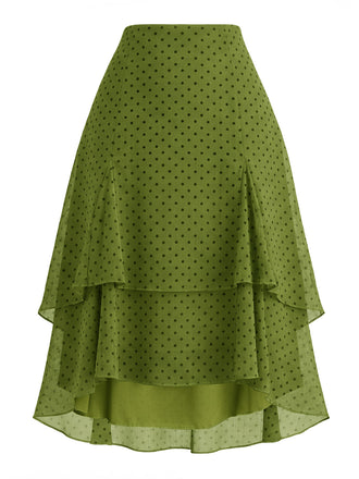 Grüner 1950er Chiffon Polka Dot Rüschen Asymmetrischer Rock