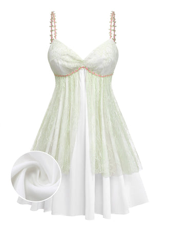 Romantisches grünes Nachthemd im Vintage-Stil der 1950er Jahre mit zarten Rosenapplikationen aus Spitze an den Trägern und elegantem Doppellagen-Design für angenehmen Schlafkomfort