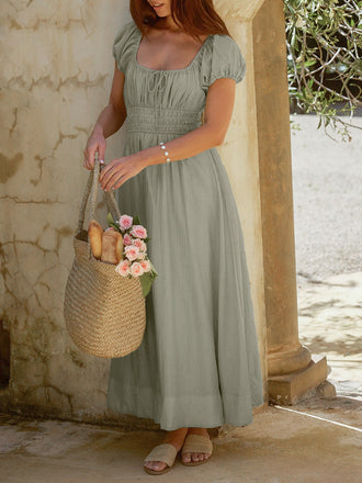 Grünes Boho-Kleid im Stil der 1950er Jahre mit eckigem Ausschnitt und Puffärmeln, Größe 7