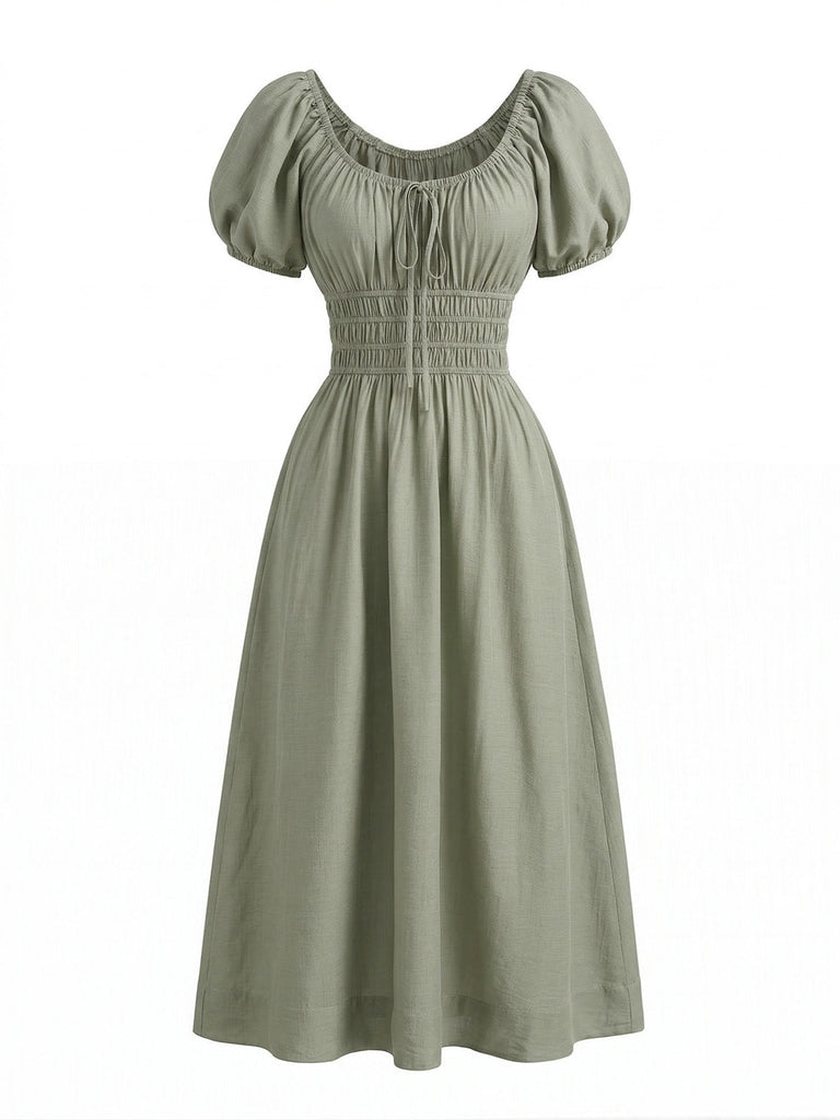 Grünes Boho-Kleid im Stil der 1950er Jahre mit eckigem Ausschnitt und Puffärmeln, Größe 2