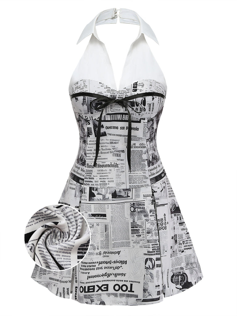 Graues Neckholderkleid mit V-Ausschnitt und Zeitungsmuster aus den 1960er Jahren