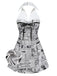 Graues Neckholderkleid mit V-Ausschnitt und Zeitungsmuster aus den 1960er Jahren