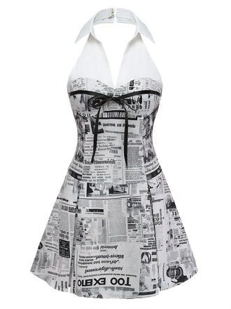 Graues Neckholderkleid mit V-Ausschnitt und Zeitungsmuster im Stil der 1960er-Jahre. Die schmeichelhafte A-Linien-Silhouette macht es zu einem echten Hingucker. Ein kultiger Retro-Look für Cocktailpartys oder Motto-Events.