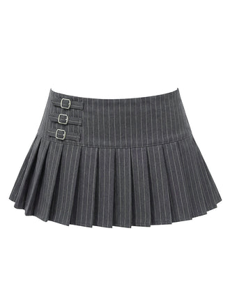 Grey Y2K Pinstripe Buckle Plissiertes Mini Rock