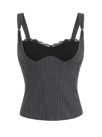 Graues Korsett-Top mit Y2K-Nadelstreifen und Spitzenbesatz