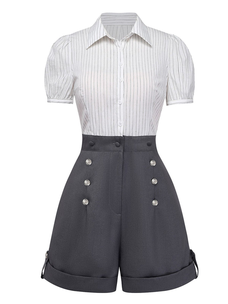 Grauer 1940er-Jahre-Strampler-Strampler mit Nadelstreifen-Revers vorne