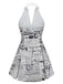 Graues Neckholderkleid mit V-Ausschnitt und Zeitungsmuster aus den 1960er Jahren, Rückansicht