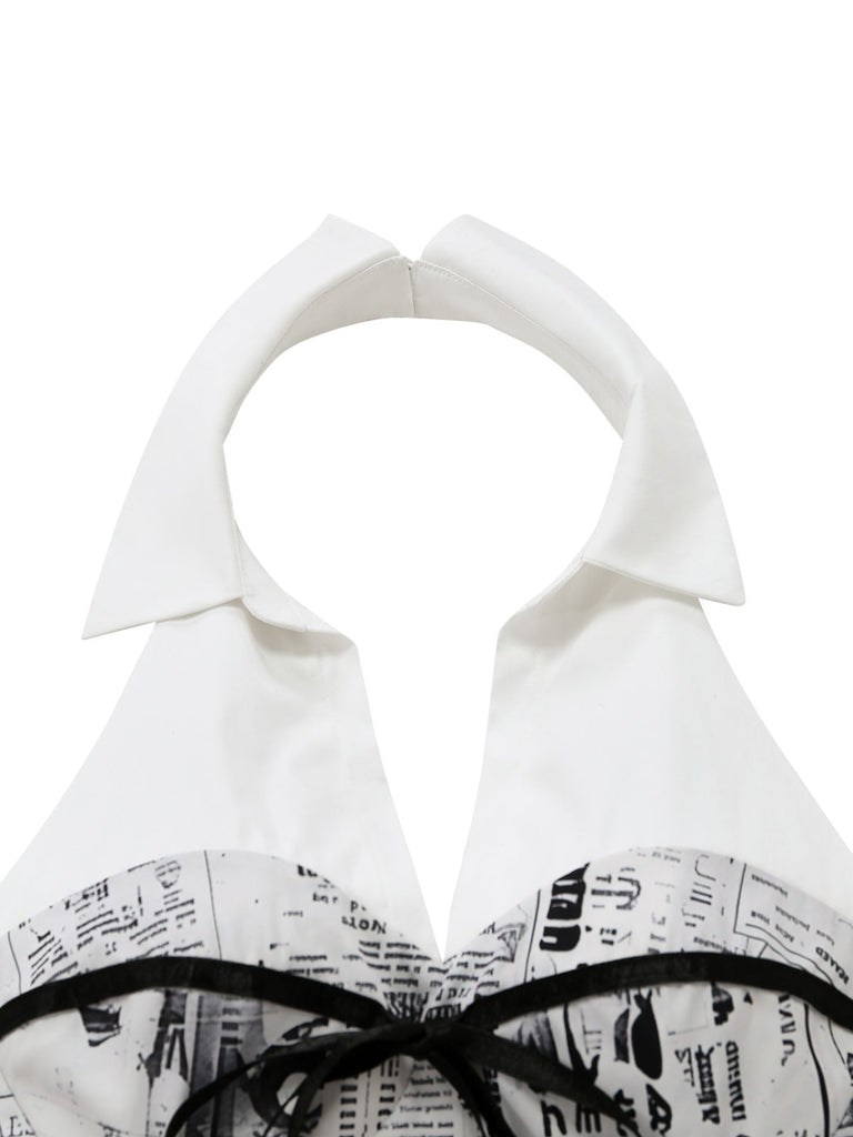 Graues Neckholderkleid mit V-Ausschnitt und Zeitungsmuster aus den 1960er Jahren (Neckholder-Nahaufnahme)