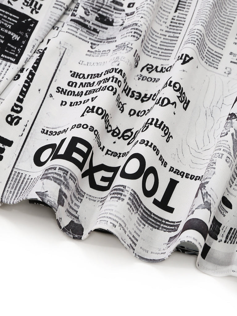 Graues Neckholderkleid mit V-Ausschnitt und Zeitungsmuster aus den 1960er Jahren – Saumdetail