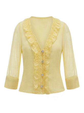 Hellgelbe 1940er Rüschen V-Ausschnitt Bluse