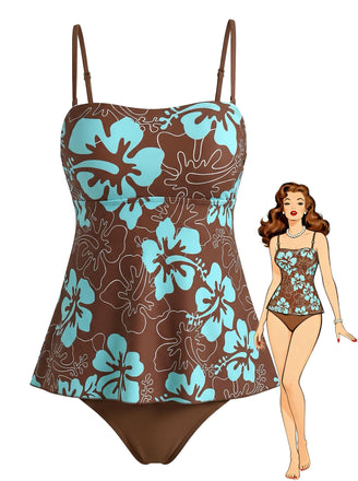 Vorderansicht eines braunen Tankini-Badeanzugs mit türkisfarbenem Hibiskusblütenmuster und Spaghettiträgern, illustriert mit einem Model im Vintage-Stil.