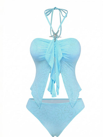 Hellblaues Tankini-Set im Stil der 1950er Jahre mit Neckholder, Rüschen und Schleife, 3-teilig