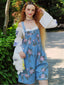 Blau 1960er Jeansstoff Blumen Breit Träger Romper